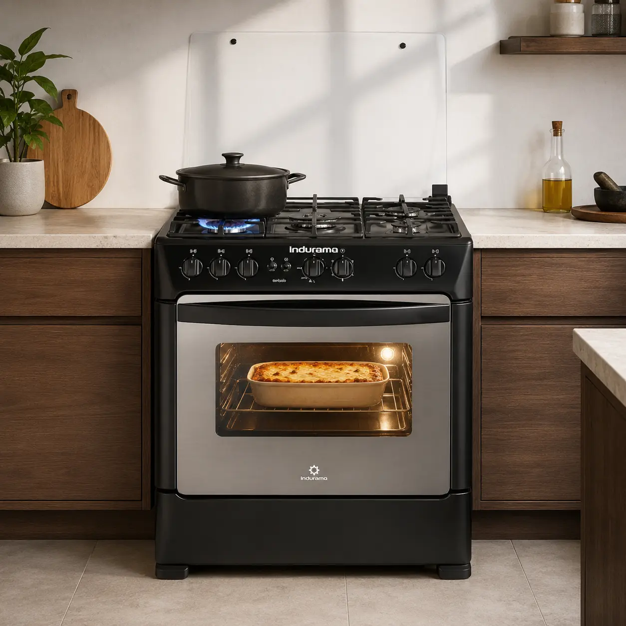 Cocina a gas negra con luz interior en el horno en una cocina moderna
